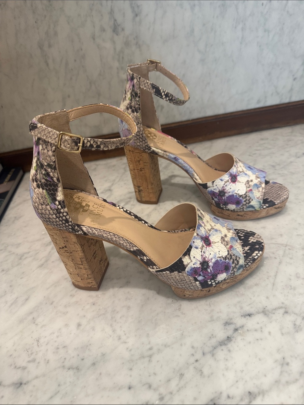 Floral Snake-Print Cork Block Heel Sandals - Purple Floral